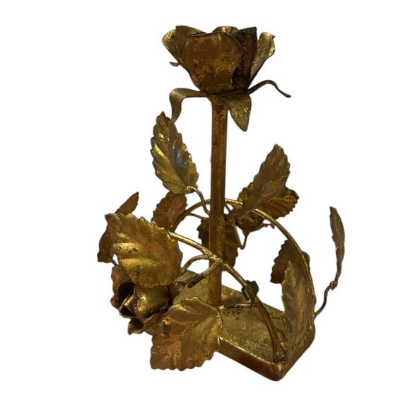 Vintage 1950s 1960s Hollywood Regency Gilded Gold Metal Rose Floral Candlestick - Picture 2 of 7
